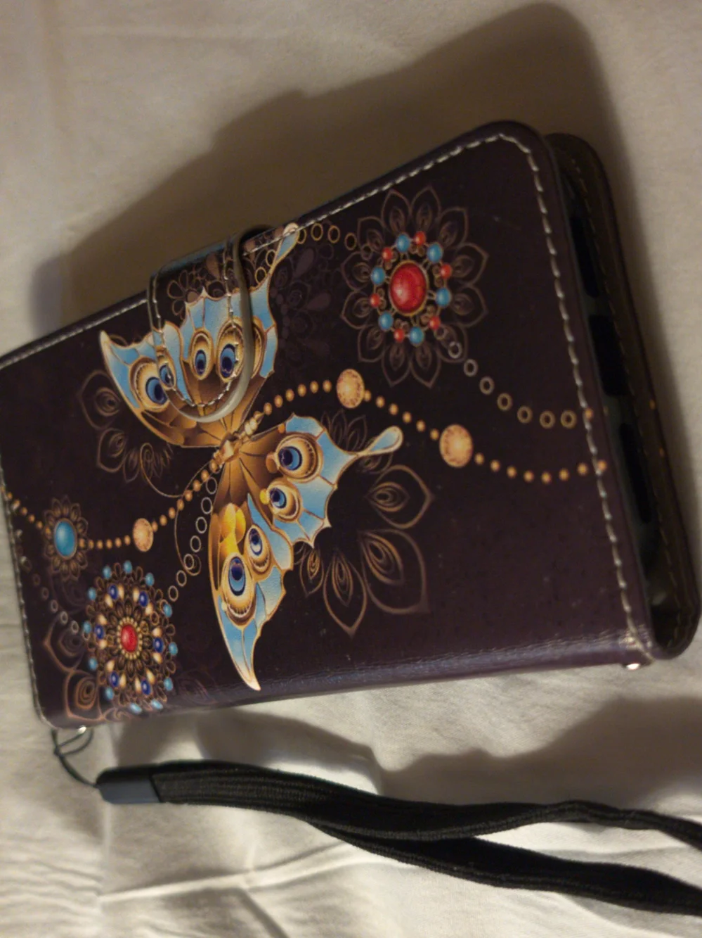 Purple Butterfly Wallet Phone Case with Wrist Strap